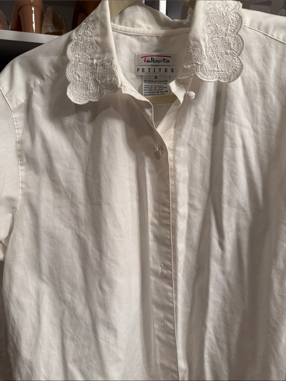 Talbots Petite White Embroidered Scallop Collar Button-Front Blouse